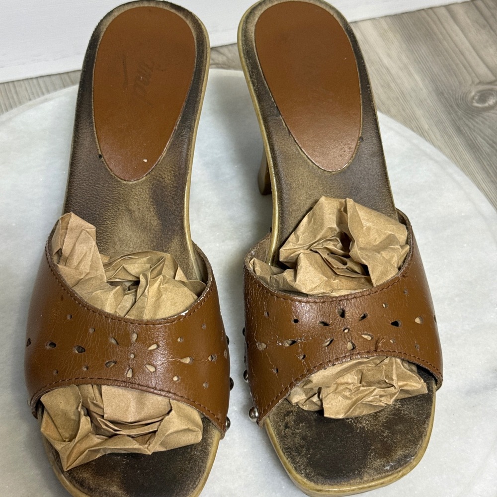 Vtg Candies Brown Leather Studded heels Platform Mules Square Toe 9 shoes y2k - Picture 2 of 15